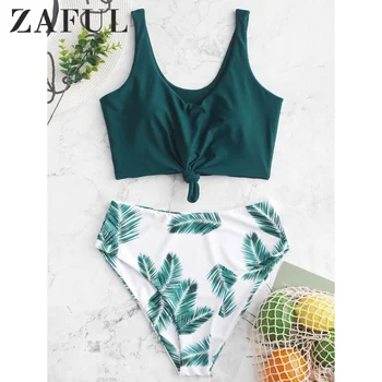 

ZAFUL Leaf Print Knot Mix And Match Tankini Swimsuit High Waisted Tank Top Suits Padded 2020 Tropical Elastic Two Piece Swimsuit