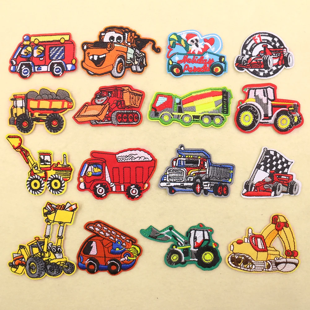 

16PCS Cartoon Car Patches Excavator Truck DIY Patch Cute Embroidery Applique Iron on Clothing Accessories Kids Clothes Stickers