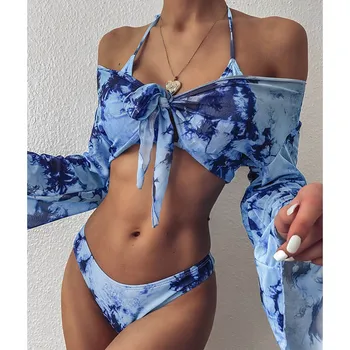 2020 new Tie-dye print Three-piece set swimsuit female Sexy mesh bikini Long sleeve swimwear women Knot suit Beachwear biquini
2020 new Tie-dye print Three-piece set swimsuit female Sexy mesh bikini Long sleeve swimwear women Knot suit Beachwear biquini