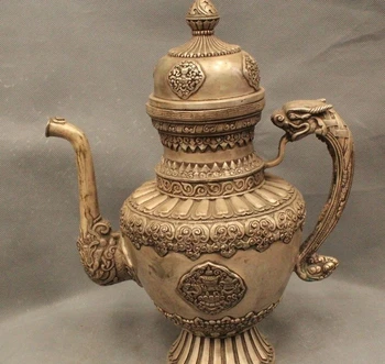 14" Marked Tibet Buddhism Silver 8 Auspicious Symbol Dragon Wine Tea Pot Flagon
14" Marked Tibet Buddhism Silver 8 Auspicious Symbol Dragon Wine Tea Pot Flagon