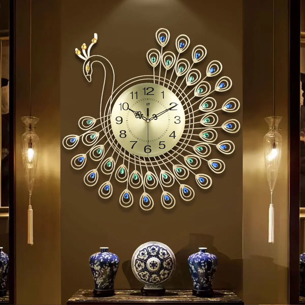 

Large 3D Gold Diamond peacock Wall Clock Metal Watch for Home Living Room Decoration часы настенные DIY Clocks Ornaments 53x53cm