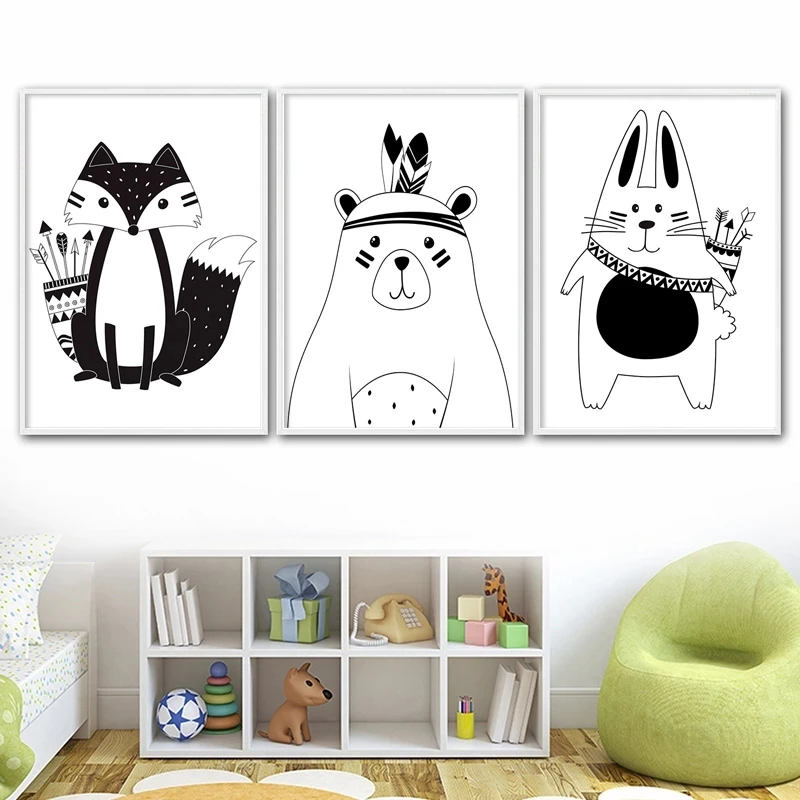 

Black White Cartoon Bear Rabbit Fox Canvas Painting Posters and Prints Canvas Wall Art Painting for Baby Kids Bedroom Wall Decor
