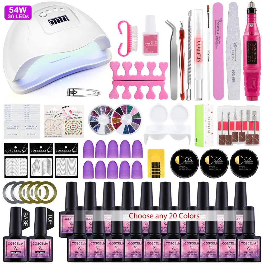 20 Color Gel Nail Polish Varnish Extension Kit with 24w/54w Led UV Nail Lamp Kit for Manicure Set Acrylic Nails Art Tools
20 Color Gel Nail Polish Varnish Extension Kit with 24w/54w Led UV Nail Lamp Kit for Manicure Set Acrylic Nails Art Tools