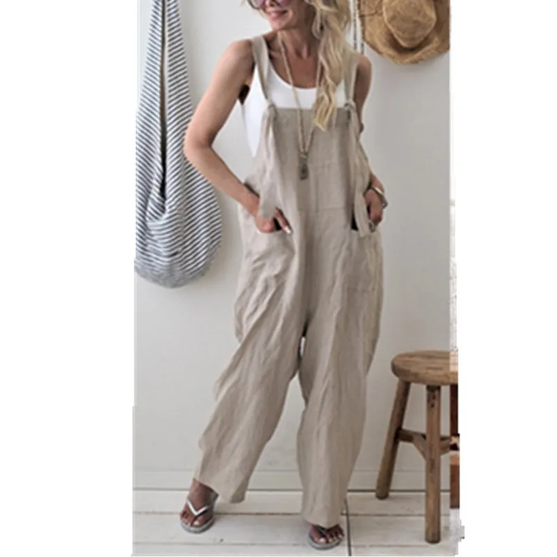 

DX-003 New Brand Women Casual Loose Cotton Linen Solid Pockets Jumpsuit Overalls Wide Leg Cropped Pants macacao feminino Romper
