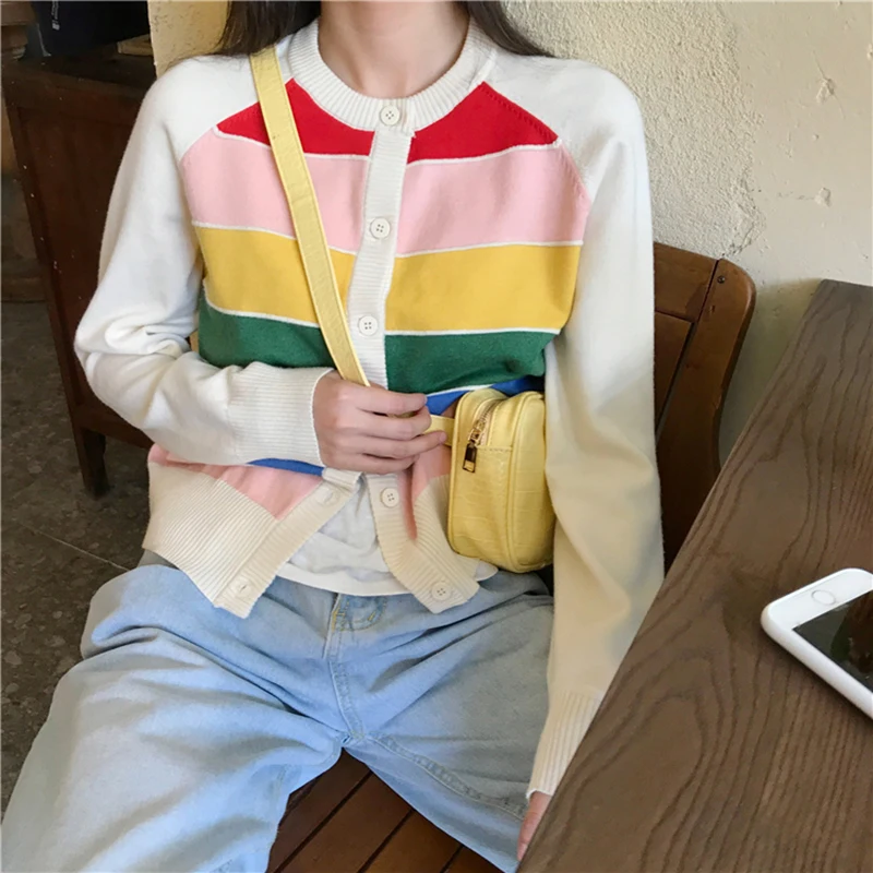 Hit Color Rainbow Striped Sweater Women Korean Style Casual Button Knitted Cardigan Femme Kawaii Sweater Cardigans Autumn Winter
Hit Color Rainbow Striped Sweater Women Korean Style Casual Button Knitted Cardigan Femme Kawaii Sweater Cardigans Autumn Winter