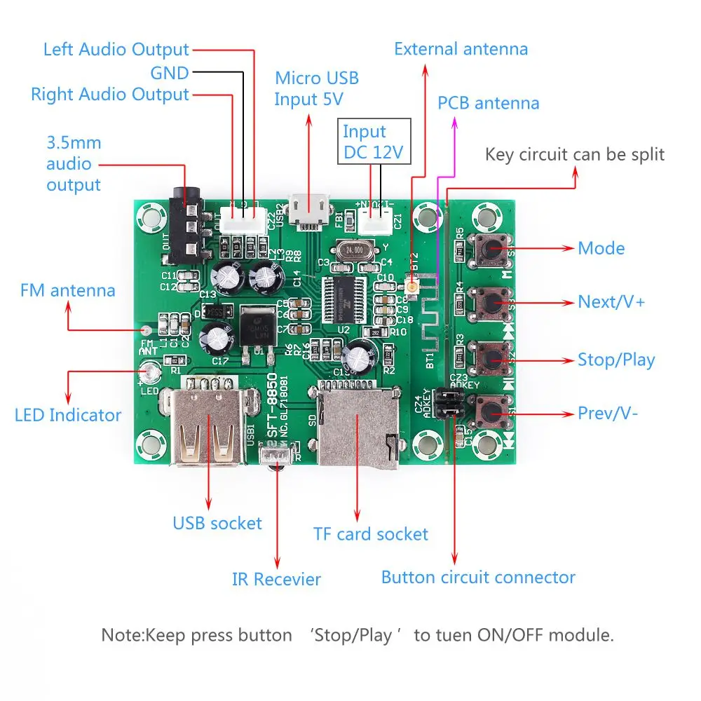 CLAITE Wireless bluetooth Module Decoder Board Module FM Receiver V4.2 for MP3 APE FLAC WAV Support USB TF Card FM Receiver
CLAITE Wireless bluetooth Module Decoder Board Module FM Receiver V4.2 for MP3 APE FLAC WAV Support USB TF Card FM Receiver