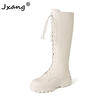 JXANG High Quality Cowhide Women Knee-high boots Lace up Thick bottom Platform Woman Ladies Autumn Chunky Motorcycle Boots 
JXANG High Quality Cowhide Women Knee-high boots Lace up Thick bottom Platform Woman Ladies Autumn Chunky Motorcycle Boots