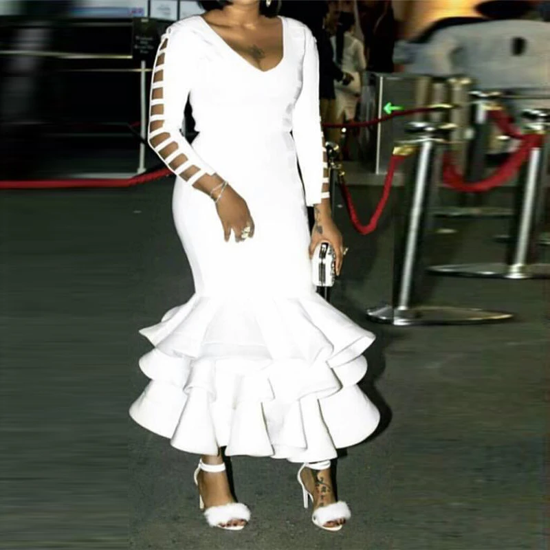 Женское длинное платье до щиколотки Белое Облегающее Платье с V-образным вырезом