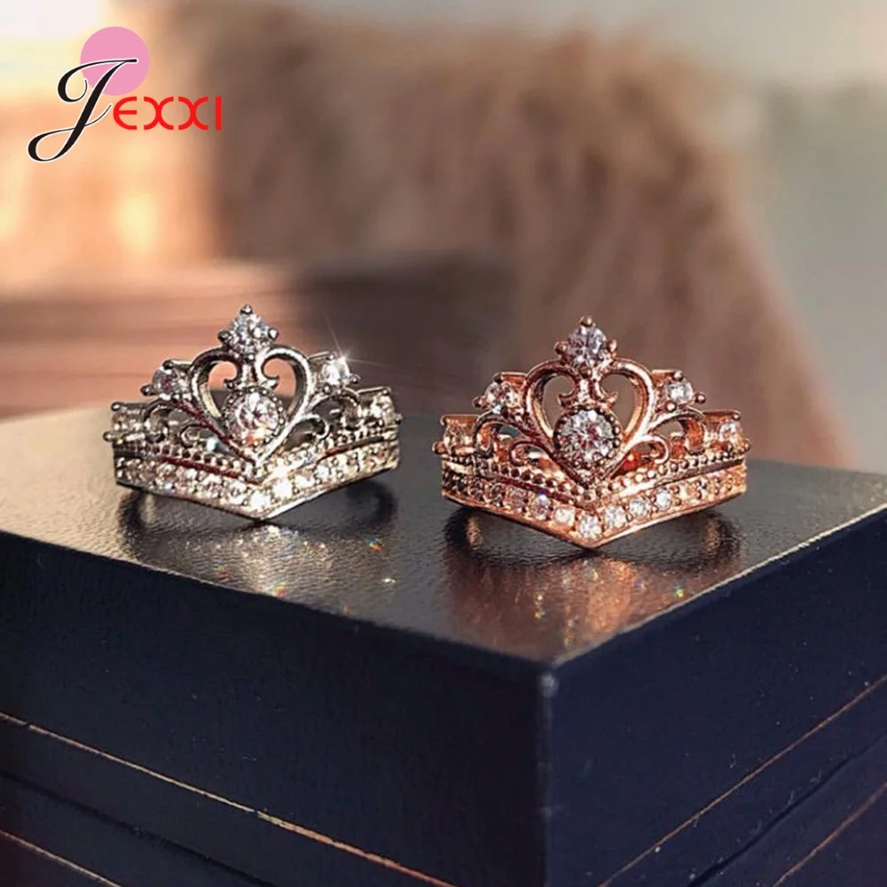 

S925 Sterling Silver Crown Band Rings for Women Female AAA Cubic Zirconia Handmade Wedding Engagement Jewelry Silver/Rose Gold