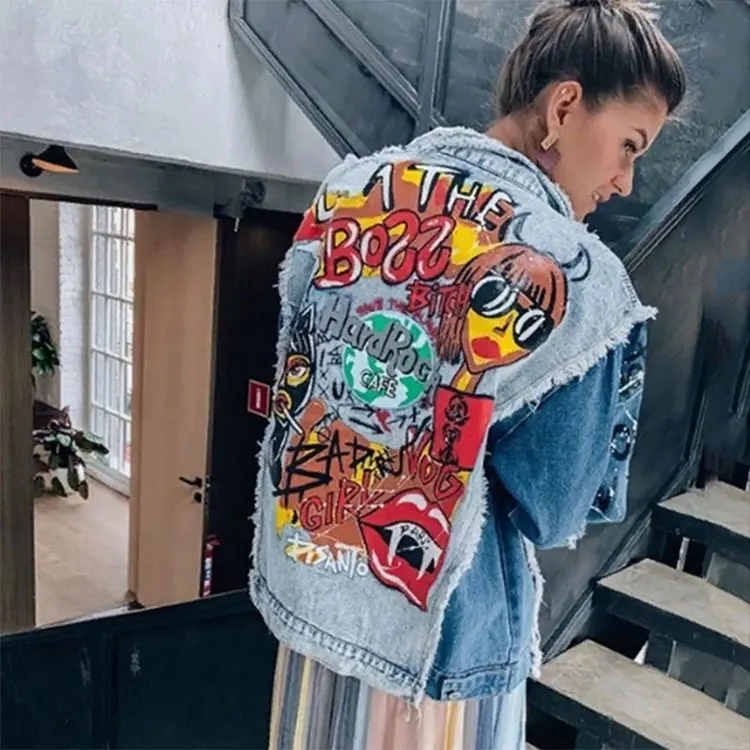 Spring Autumn Fashion Stylish Punk Style Womens Ladies Ripped Hole Cool Denim Jacket Graffit Print Patchwork Coat For Woman NZ02
Spring Autumn Fashion Stylish Punk Style Womens Ladies Ripped Hole Cool Denim Jacket Graffit Print Patchwork Coat For Woman NZ02