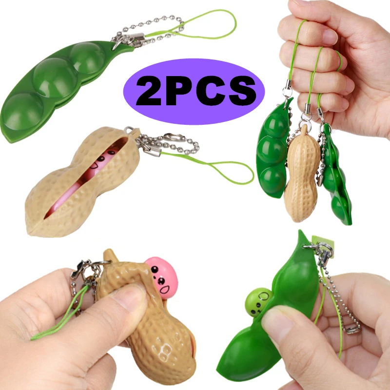 

2Pcs Cute Peanut Pea Bean Vent Release Pressure Decompression Toys Key Chain Children's Squeeze Hand Fidget Toy Adult Child Gift