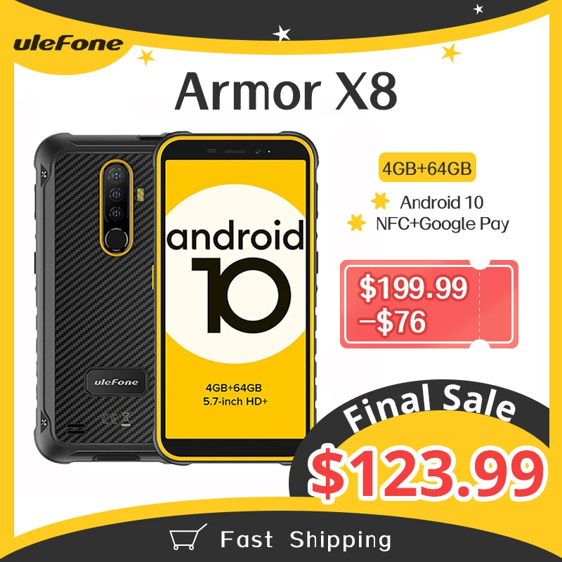 Ulefone Power X8 NFC 4 Гб 64 5080 мАч Батарея смартфон Android10 5 7-дюйма сотовый телефон ip68