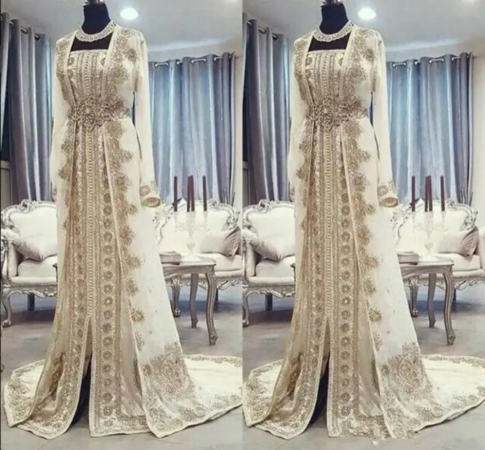 

Moroccan Caftan Kaftan Evening Dresses Dubai Abaya Arabic Long Sleeves Amazing Gold Embroidery Square-Neck Occasion Prom Formal