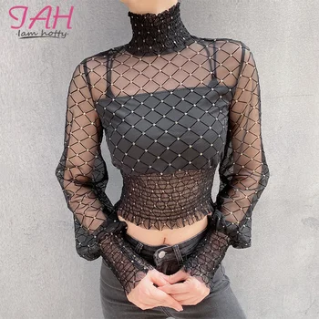 

IAMHOTTY Ruched Stretch Transparent Mesh Shirt Turtleneck Puff Sleeve Diamond t Shirts Femme Sexy See Through Fishnet Top Black