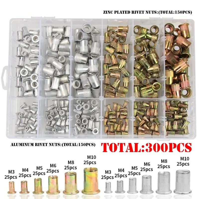 

300pcs Zinc Plated Rivetnuts Blind Set Nutserts Threaded Insert Nutsert Cap Flat Head Rivet Nuts Carbon Steel M3 M4 M5 M6 M8 M10