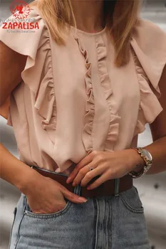 Elegant Women Summer Solid T-Shirts Hollow Out Design Button Ruffles Decor O-Neck Ruffles Short Sleeve Slim Office Lady Top
Elegant Women Summer Solid T-Shirts Hollow Out Design Button Ruffles Decor O-Neck Ruffles Short Sleeve Slim Office Lady Top