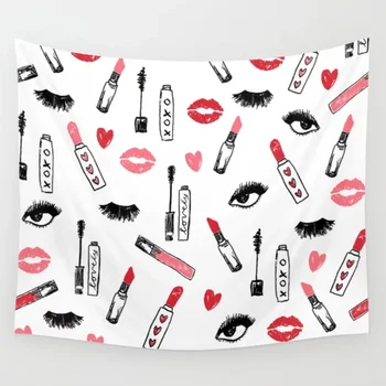 

Makeup Valentines Day Red And Pink Lipstick Kiss Eyelashes Wall Tapestry Wall Hanging Curtain Bedding Blanket Home Decoration