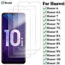 Protecteur d'écran pour Huawei, 3 pièces par lot, en verre trempé pour Honor 10i 20 6X 7X 8X 9X 10 9 8 lite 6 6A 7 7A 7C 8 8A 8C 9=