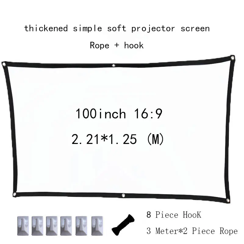 Thickened Polyester Simple Soft White projector Screen 100inch 16:9 Portable Outdoor folding rope curtain with hook
Thickened Polyester Simple Soft White projector Screen 100inch 16:9 Portable Outdoor folding rope curtain with hook