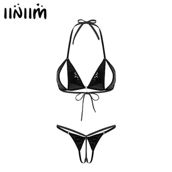 Womens Ladies Erotic Lingerie Set Latex Clubwear Wetlook Leather Open Bra Top with Crotchless Open Crotch Sissy Briefs Underwear