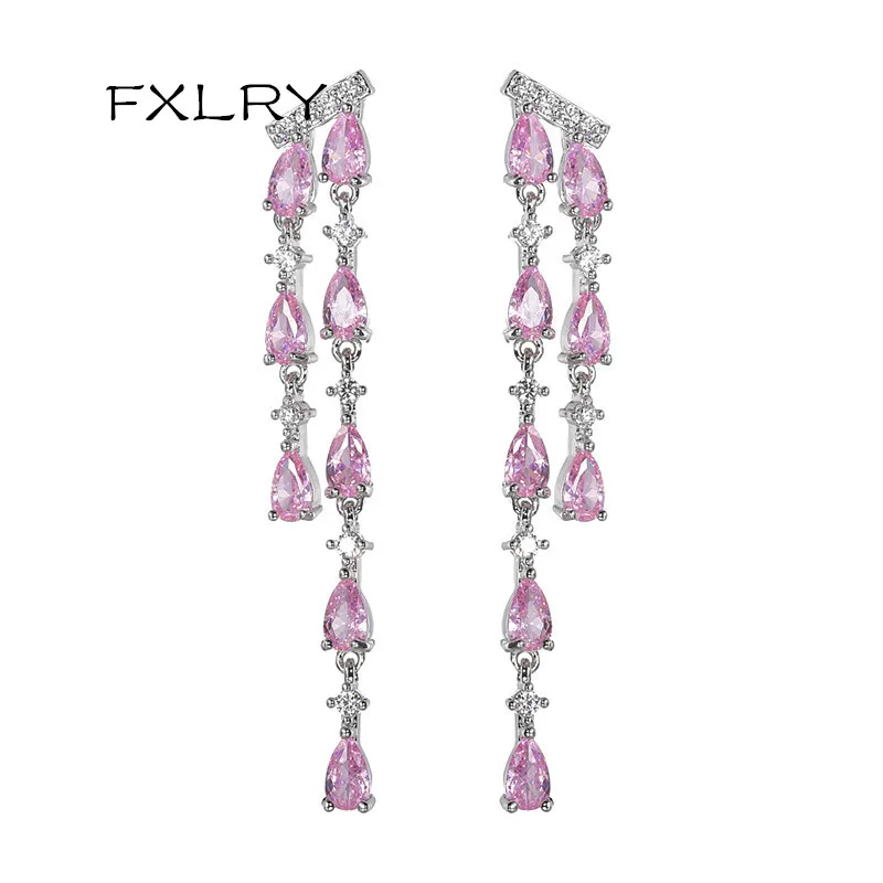 

FXLRY Elegant Tassel long earrings AAA zircon drop inlaid earrings Fashion Bridal Wedding Jewelry