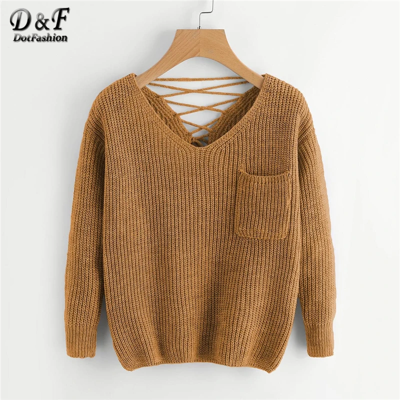 Dotfashion Casual V Neck Pocket Sweater Women 2019 Autumn Khaki Long Sleeve Sweaters Ladies Back Criss-cross Detail Top
Dotfashion Casual V Neck Pocket Sweater Women 2019 Autumn Khaki Long Sleeve Sweaters Ladies Back Criss-cross Detail Top