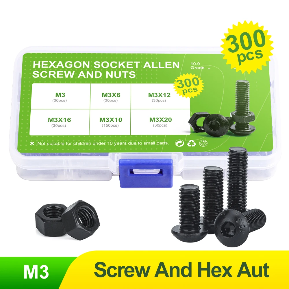 300Pcs M3 high quality 10.9 Grade Alloy Steel Button Head Socket Cap Bolts Screws with Nuts Assortment Kit Black Oxide Finish
300Pcs M3 high quality 10.9 Grade Alloy Steel Button Head Socket Cap Bolts Screws with Nuts Assortment Kit Black Oxide Finish