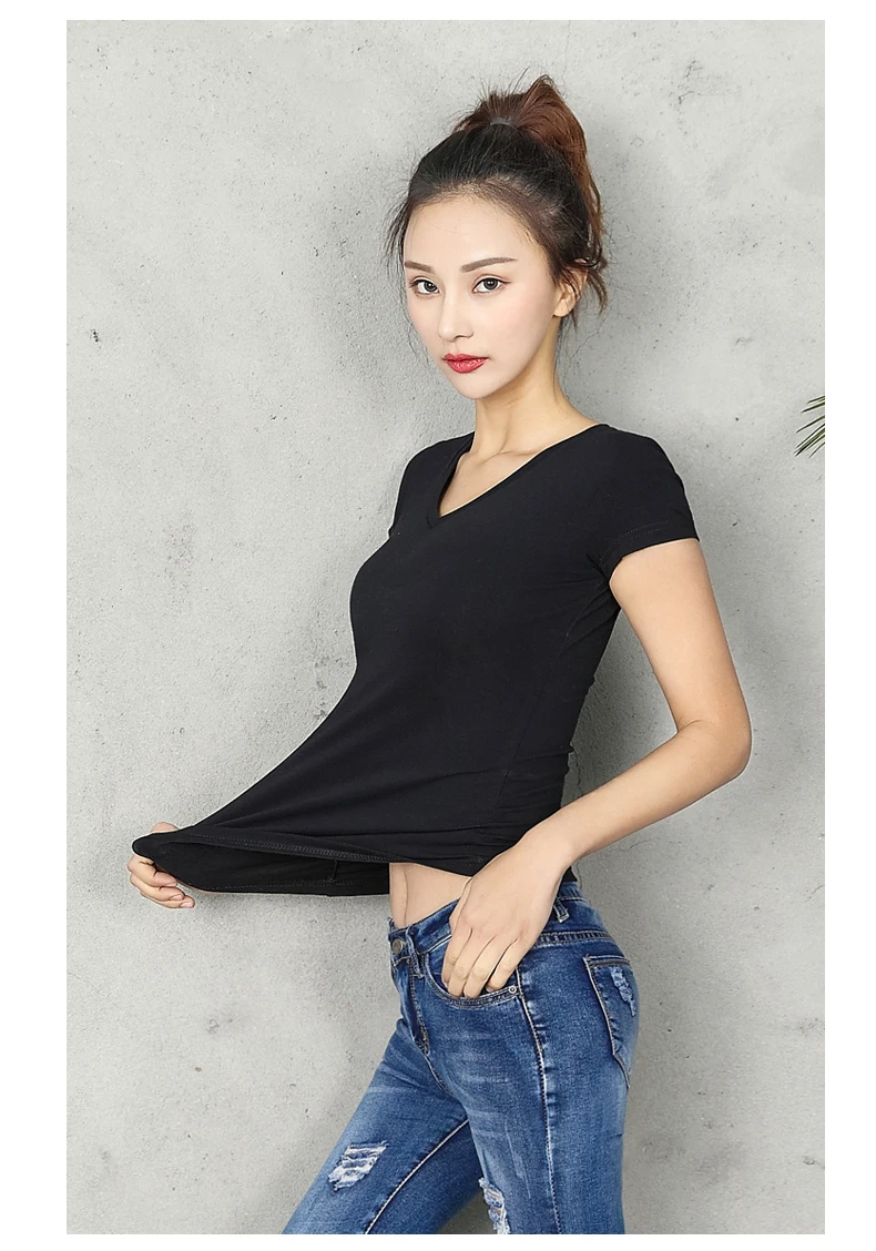 Cotton Women T-shirt V-neck Short Sleeve women shirt All match Lady Top Black White Gray Yellow Shir