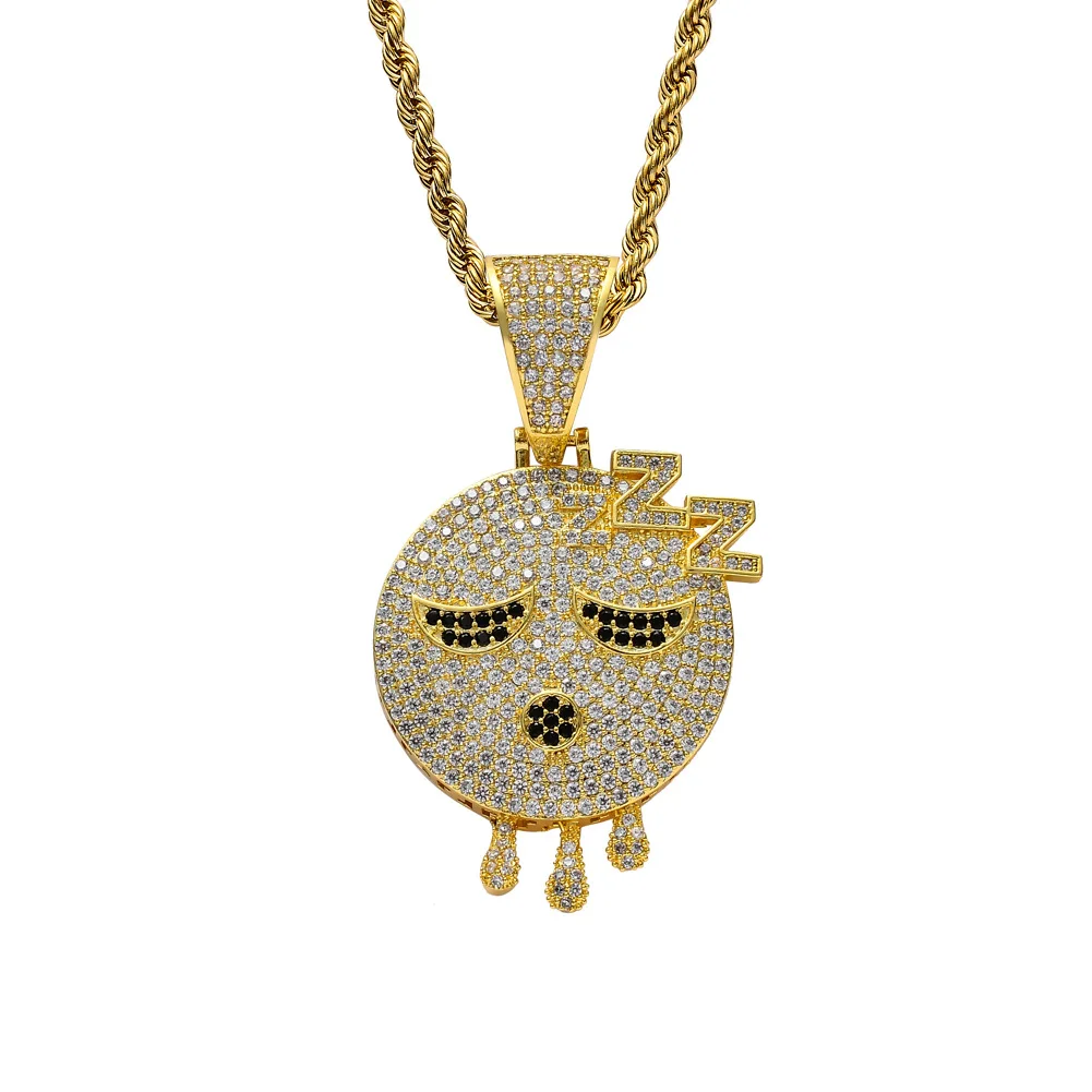 

Iced Out Chain Sleepy Expression Pendant Men's Gold Silver Color Necklace Bling Zirconia Simulated Diamond Hip Hop Jewelry Gifts