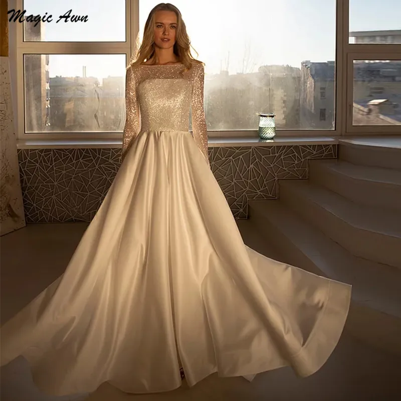 Magic Awn Elegant Satin Shiny Wedding Dresses With Full Sleeve Illusion Boho A-Line Simple Bridal Gowns Vestidos De Novia
Magic Awn Elegant Satin Shiny Wedding Dresses With Full Sleeve Illusion Boho A-Line Simple Bridal Gowns Vestidos De Novia