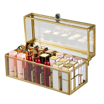 Brass Glass Makeup Cosmetic Organizer With Open Front Lid Lip Glaze Storage Skin Care Dressing Table Rack Trapezoid Glass Displa
Brass Glass Makeup Cosmetic Organizer With Open Front Lid Lip Glaze Storage Skin Care Dressing Table Rack Trapezoid Glass Displa