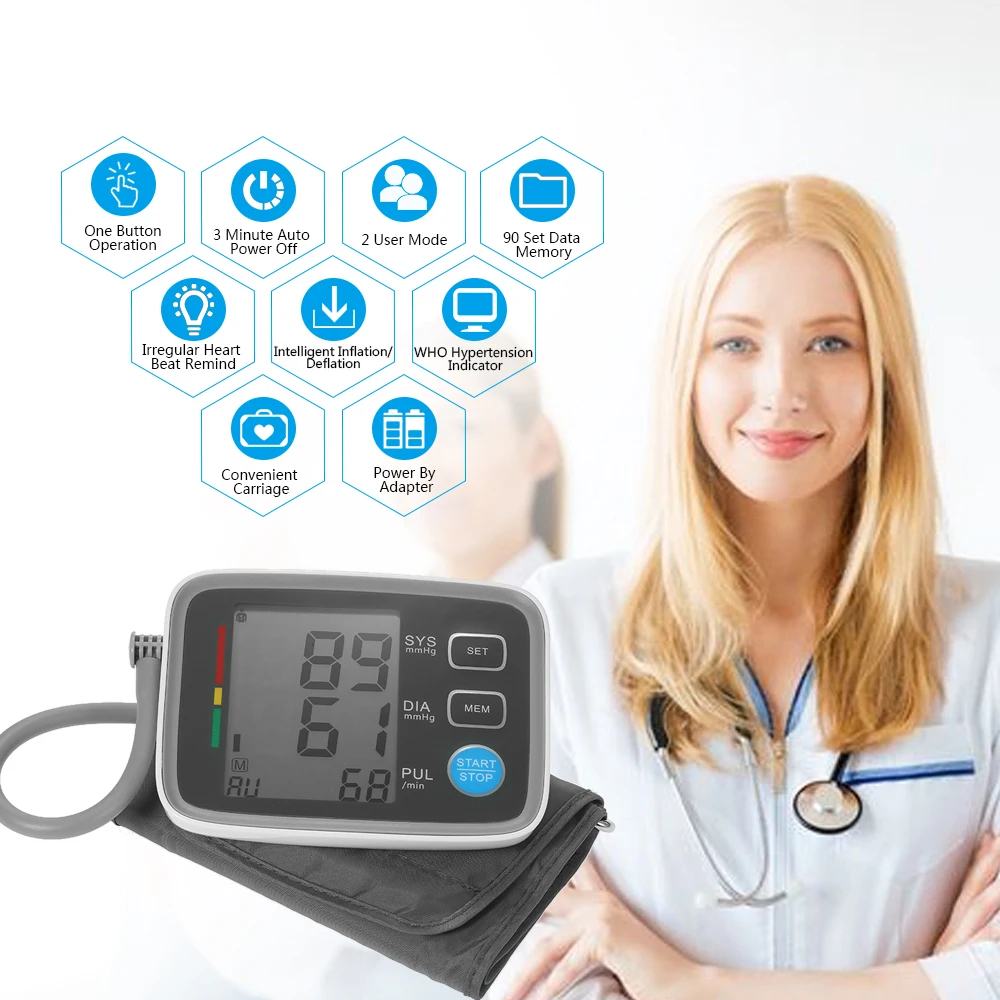 Tonometer Upper Arm Blood Pressure Monitor with Cuff Digital Sphygmomanometer 2 User Mode/90 Data Memory/IHB Indicator
Tonometer Upper Arm Blood Pressure Monitor with Cuff Digital Sphygmomanometer 2 User Mode/90 Data Memory/IHB Indicator