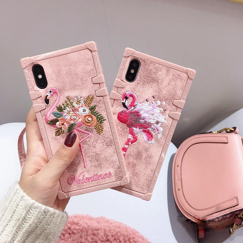 Cases For iPhone X Xs Max Xr Cover Girly 3D Pink Embroidery Flamingo Square (1)