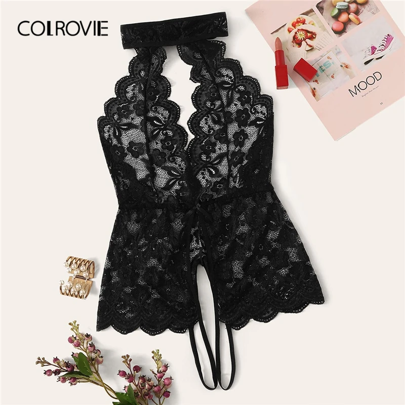 

COLROVIE Black Floral Lace Scalloped Trim Cut-out Teddy Bodysuit Women 2019 New Stretchy Sexy Lingerie Sheer Solid Sleepwear
