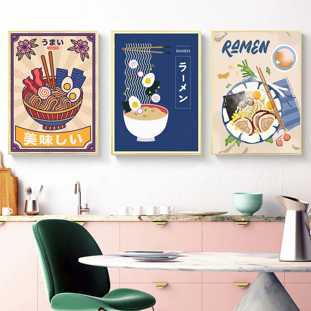 

Japanese Ramen Noodles Illustrated Art Print Poster Kitchen Restaurant Wall Decor Funny Artwork Gift Canvas Painting Pictures