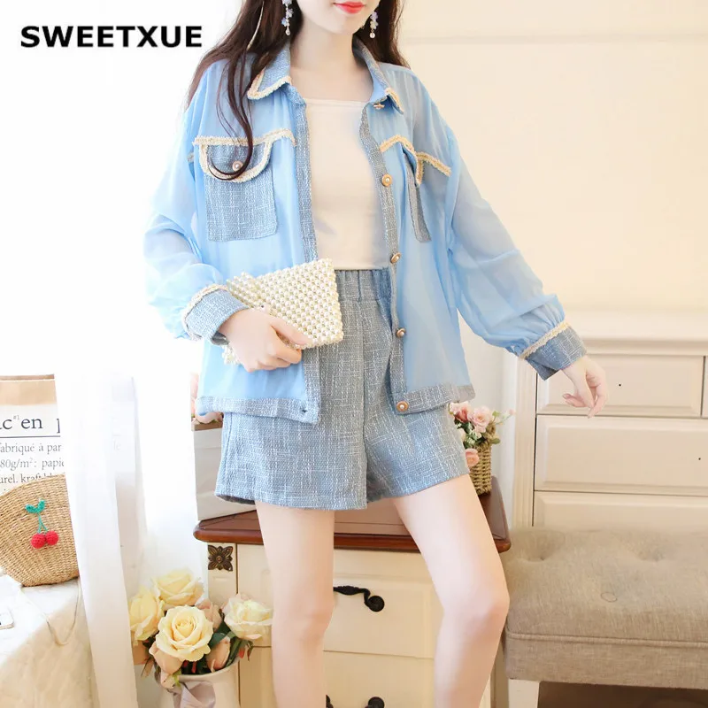 SWEETXUE Autumn Small Fragrance Suit Chiffon Splicing Tweed Jacket Jacket Sweet Cardigan + Temperament Shorts 2 Piece Set Women
SWEETXUE Autumn Small Fragrance Suit Chiffon Splicing Tweed Jacket Jacket Sweet Cardigan + Temperament Shorts 2 Piece Set Women