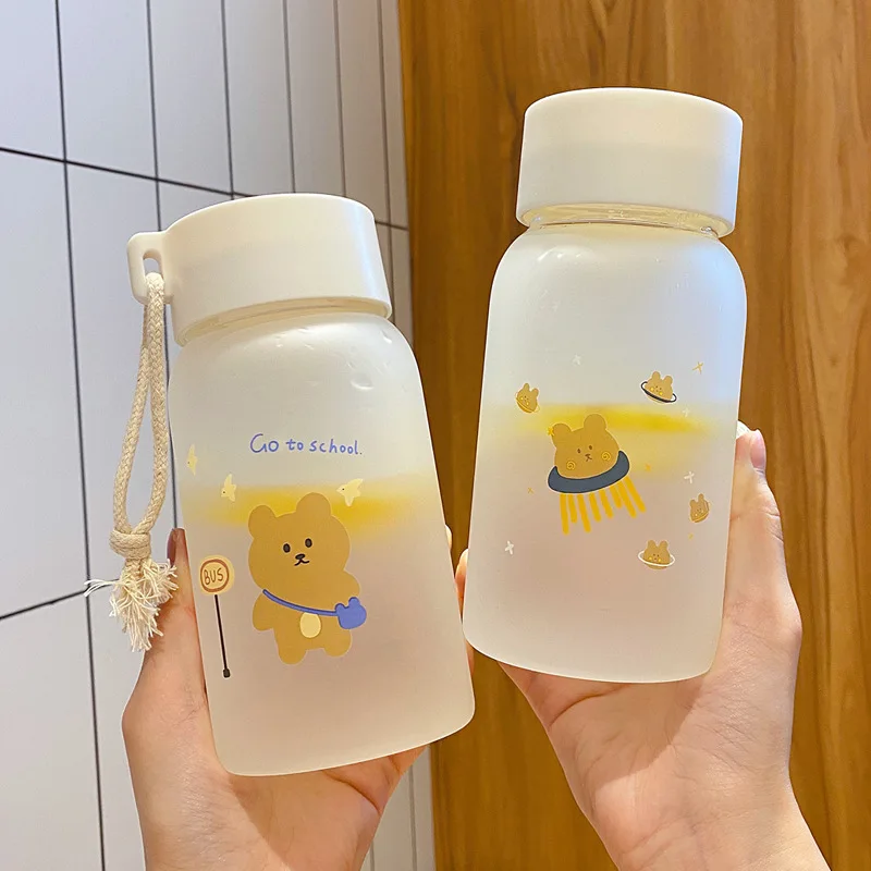 

New 500ml Cartoon Cute Bear Frosted Glass Water Bottle Portable Leak Proof Drinking Bottles High Capacity Student Milk Juice Cup