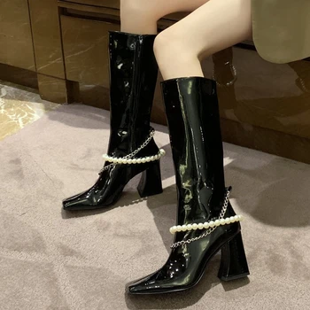 Brand New Fashion Autumn Winter Shoes Boots Trendy Pearls Beading Square High Heels Office Ladies Knee High Boots Women 
Brand New Fashion Autumn Winter Shoes Boots Trendy Pearls Beading Square High Heels Office Ladies Knee High Boots Women