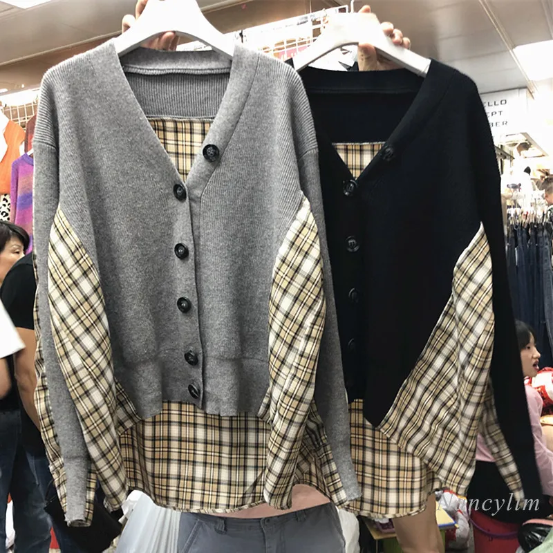 Knitwear Single-Breasted Cardigan Jacket Women's 2020 Autumn New Fashion V-neck Knit Stitching Plaid Shirt Lady Loose Top Coat
Knitwear Single-Breasted Cardigan Jacket Women's 2020 Autumn New Fashion V-neck Knit Stitching Plaid Shirt Lady Loose Top Coat