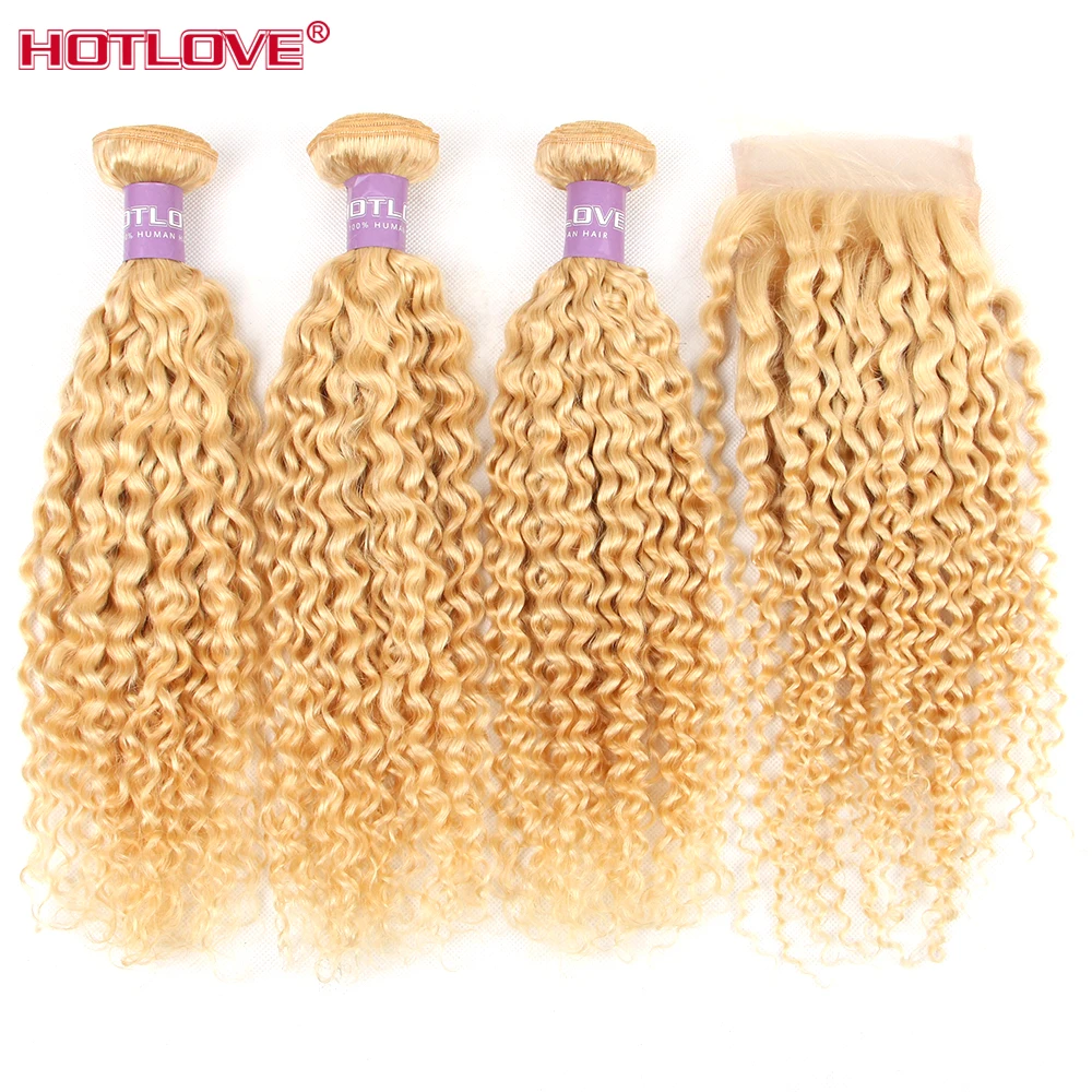 

Kinky Curly 613 Blonde 3 Bundles With Lace Closure Free Part Peruvian Honey Blonde Human Hair Bundles HOTLOVE Non Remy