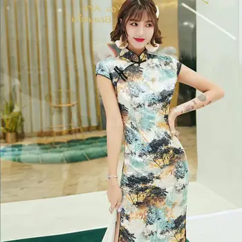 Green Print Flower Mandarin Collar Cheongsam Sexy Short Sleeve Women Chinese Dress Satin Elegant Evening Party Down Vestidso
Green Print Flower Mandarin Collar Cheongsam Sexy Short Sleeve Women Chinese Dress Satin Elegant Evening Party Down Vestidso