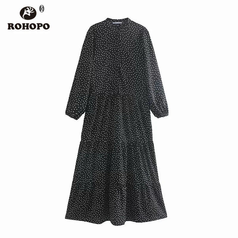 

ROHOPO Round Collar Three Splice Layers Cake Polk Dot Black Midi Dress Top Buttons Fly Long Sleeve Vestido # 9278