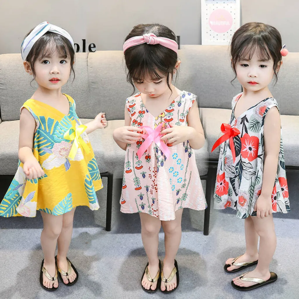 Dress for girls cute new fashion kids sleeveless floral leaf print bow dresses casual clothes dress girl | Детская одежда и обувь