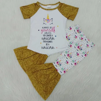 Baby girls boutique outfits summer short sleeve shirt bell bottom pants design kids unicorn print clothing clothes golden sets
Baby girls boutique outfits summer short sleeve shirt bell bottom pants design kids unicorn print clothing clothes golden sets