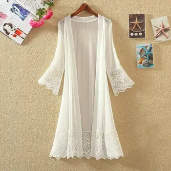 

Ladies Lace Mesh Sheer Long Duster Coat Cardigans Flared 3/4 Sleeve Baggy Summer