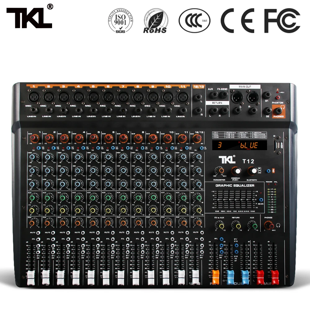 TKL professional audio mixer 12 channel stage DJ mixer with Bluetooth MP3 USB digital mixer
TKL professional audio mixer 12 channel stage DJ mixer with Bluetooth MP3 USB digital mixer