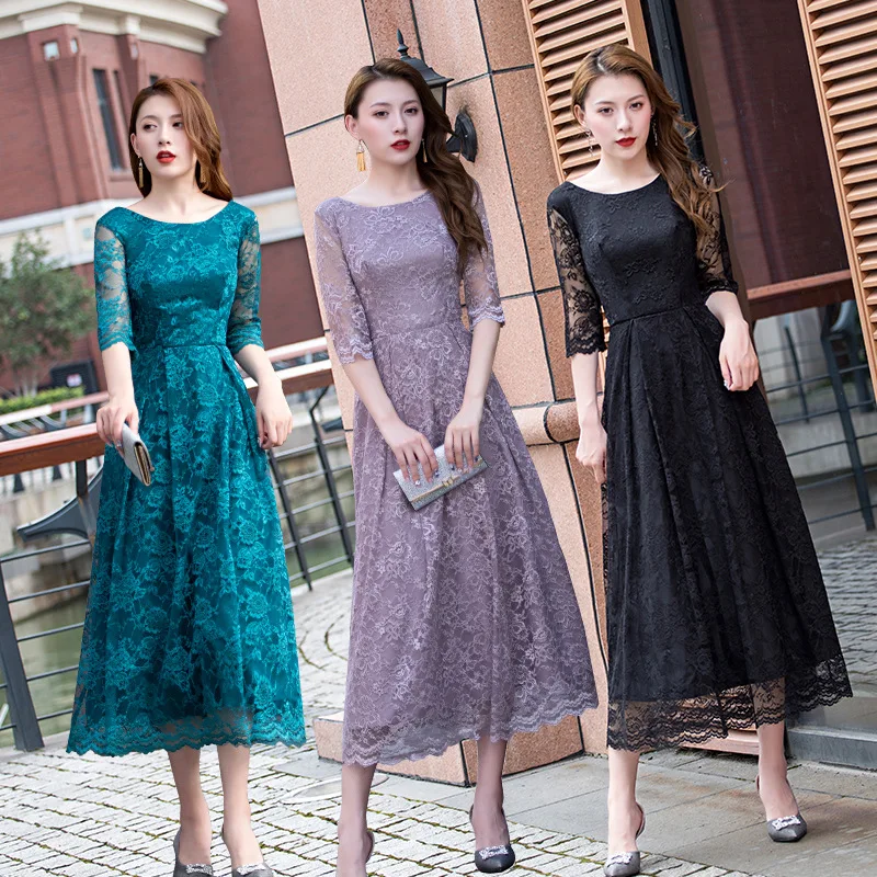 

FOLOBE Elegant Lace Party Dress Half Sleeve Long Hollow Embroidery Dress for Formal Occasions Office Multicolor Women Dresses