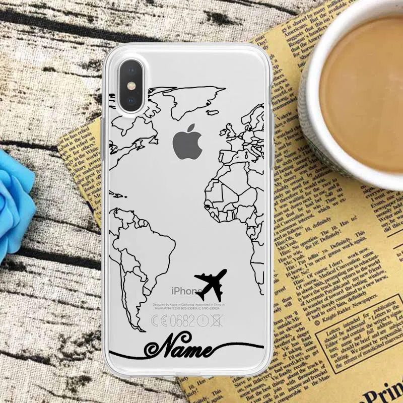 World Map Travel Plans Clear Soft Phone Case For iPhone For iPhone X XS Max 7 8 6 Plus XR Cases DIY Custom Name Line Phone Cover