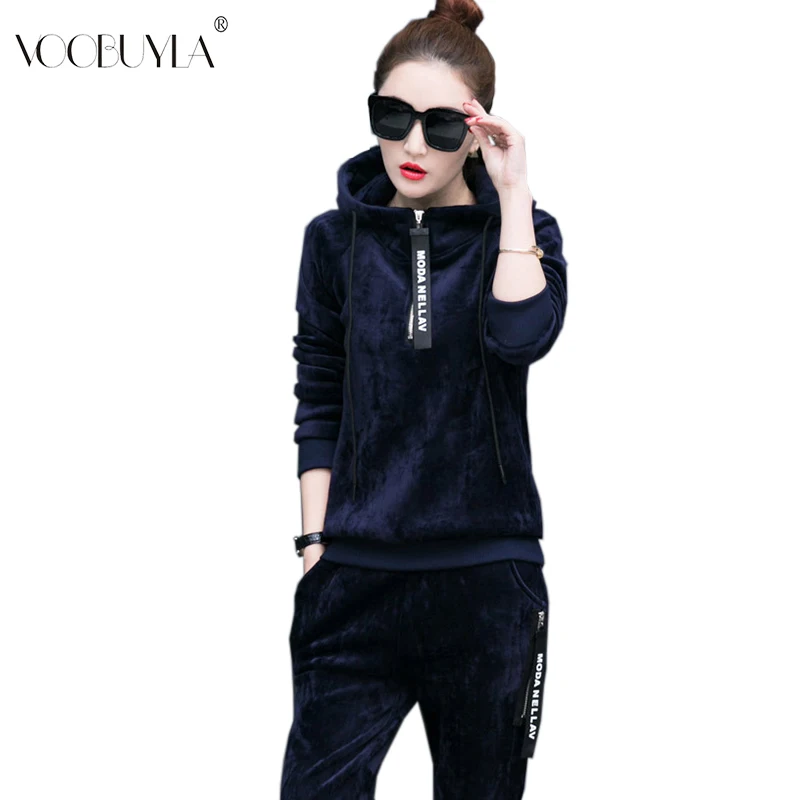 

Voobuyla Long Sleeve Velvet Thicken Sport Suit Women Jogging Running Set Winter Fitness Running Suit Workout Clothes 2pcs Set