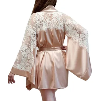 

Fashion Lace Long Batwing Sleeve Home Sexy Robes For Women Floral Patchwork Lingerie Night Nightgown Bowknot Sash